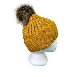 CoG New York Knit Yellow Toque with Brown Faux Fur Pom Pom NWT